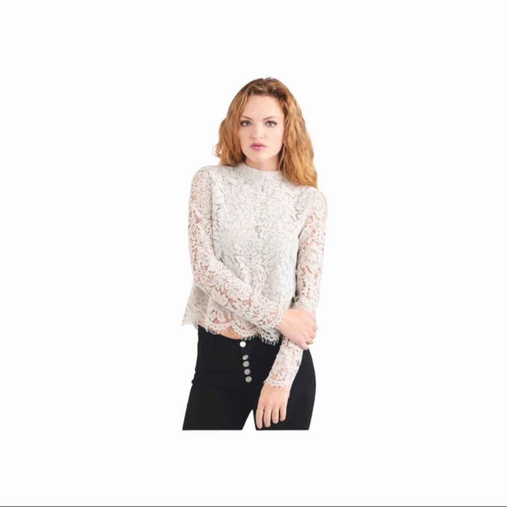 Chaser Vintage Lace Mock Neck Top Light Gray M